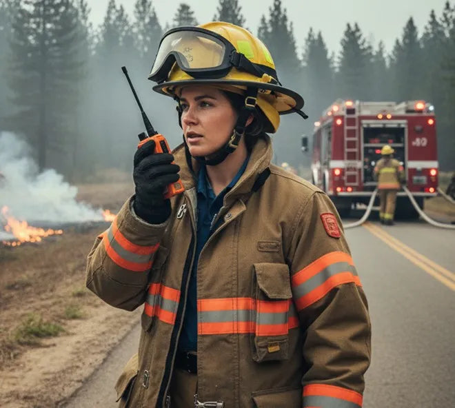 Bombera usa su radio Icom para coordinar esfuerzos en un incendio forestal controlado, con humo de fondo.