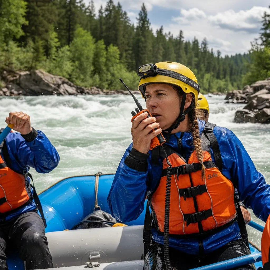 Rafting en aguas bravas una mujer intrépida utiliza su radio Icom para coordinar al equipo en medio de la emocionante aventura.