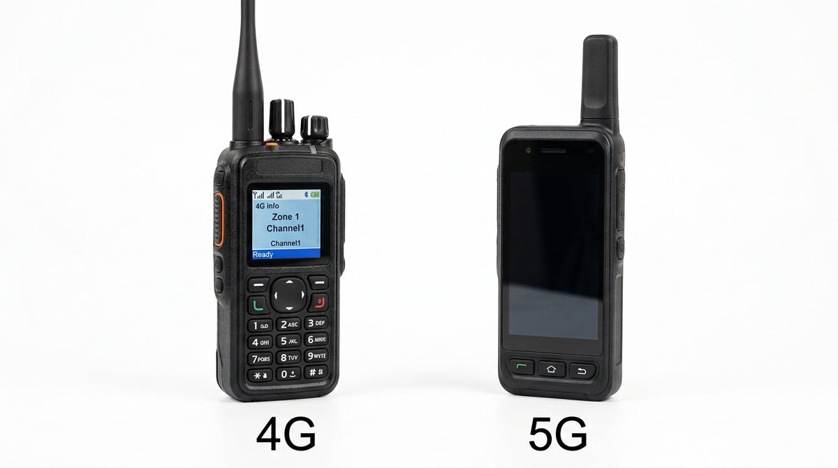 Fotografía de dos radios que representan los radios 4G vs 5G con un fondo de color blanco