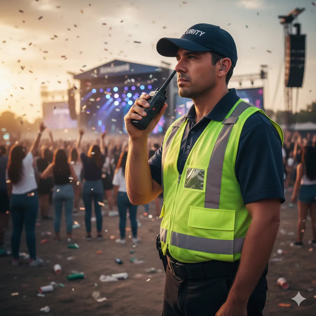Fotografía de un guardia de seguridad de un concierto que utiliza el radio TXPRO para comunicarse