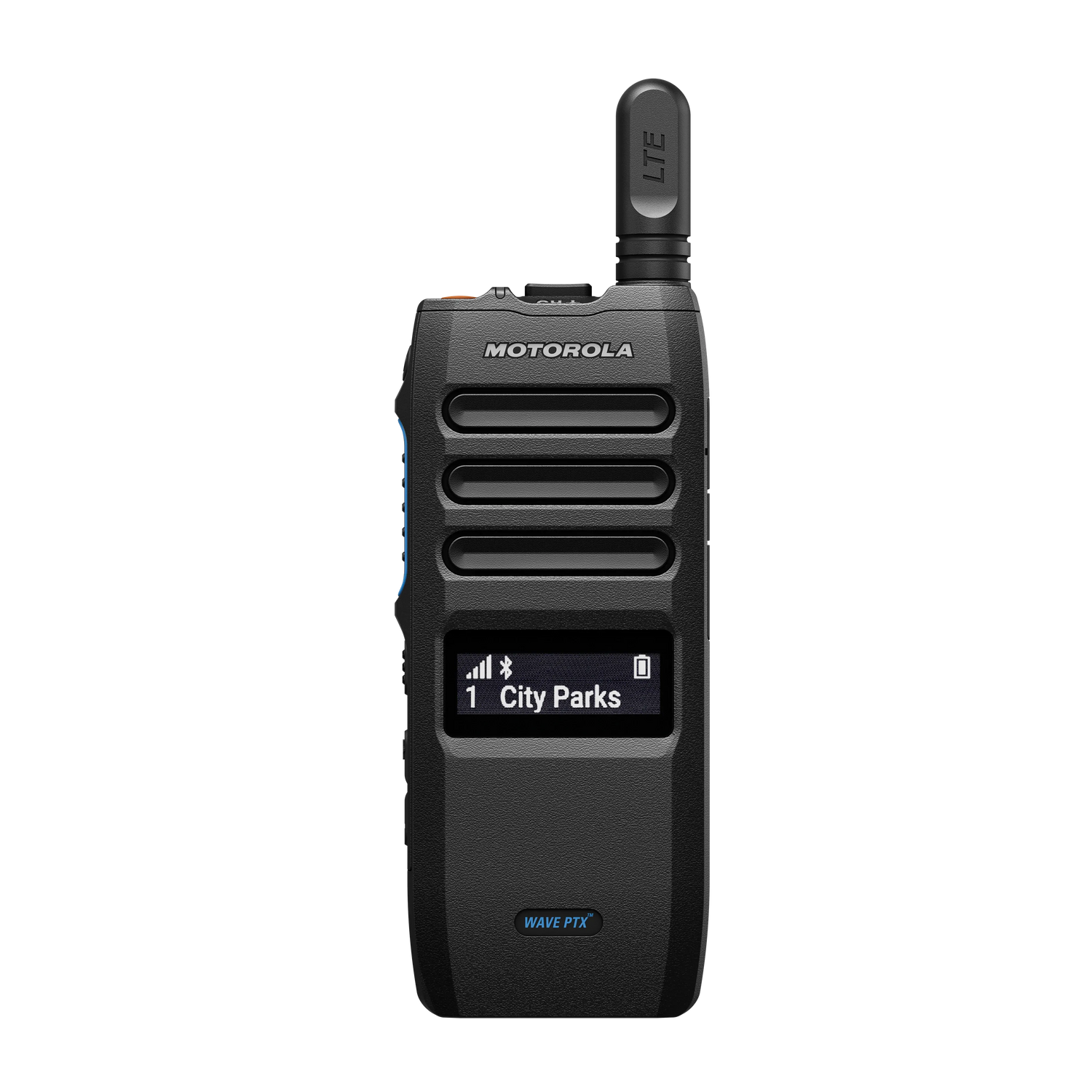 Foto de un radio Motorola WAVE PTX de COMREGIO en color negro y fondo blanco